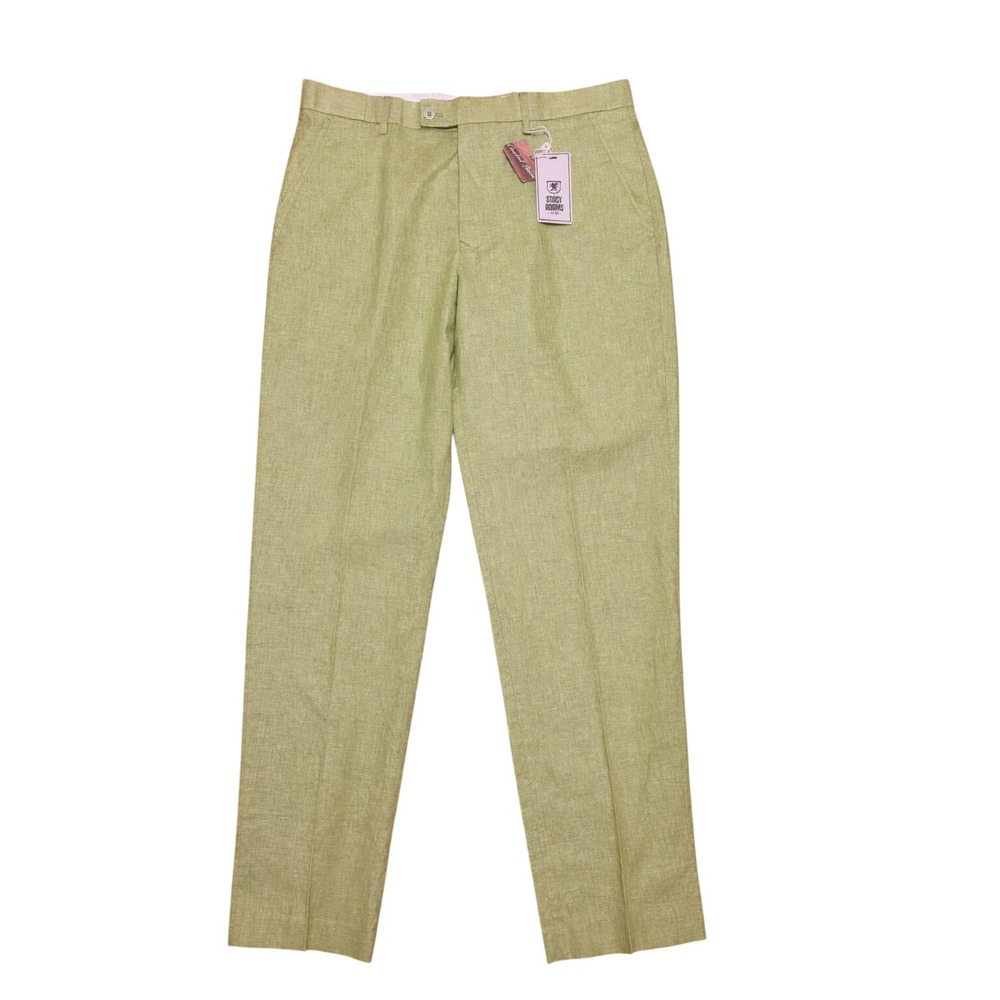 Stacy Adams Mens Coated Linen Derby Trousers Grass Green Flat Front Pants 36x32